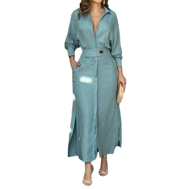 Solid Color Long Sleeve Lapel Dress