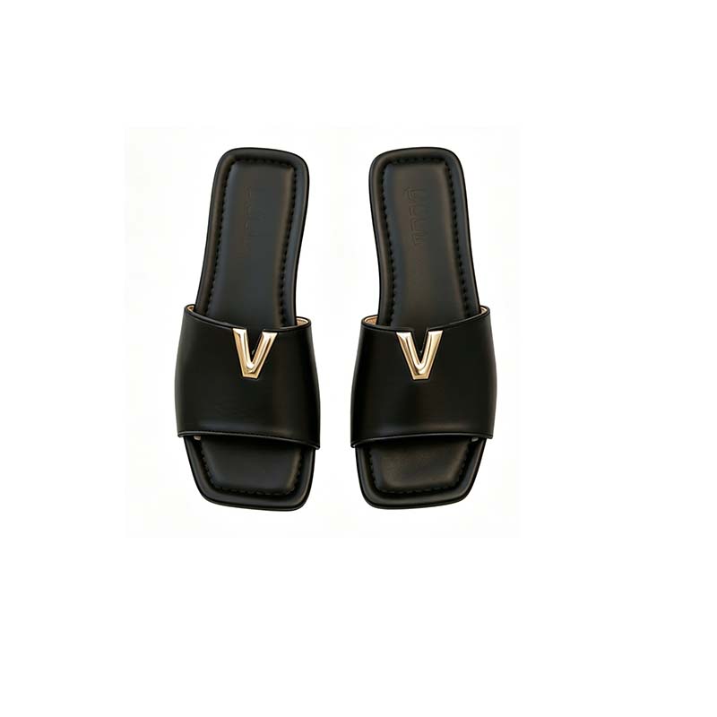Metal Accent Flat Slide Sandals