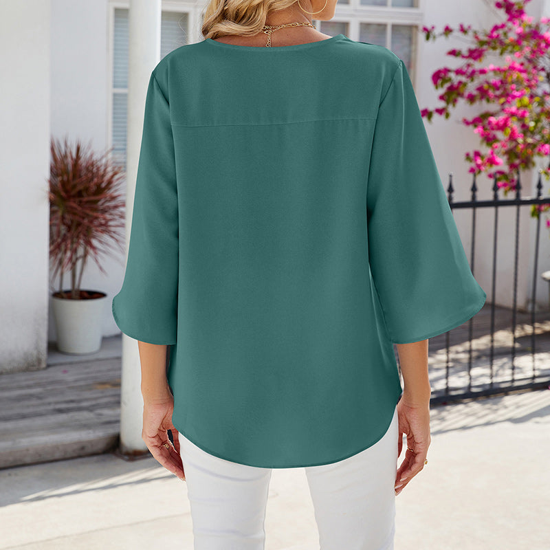 Solid Color V-Neck Mid-Sleeve Chiffon Shirt