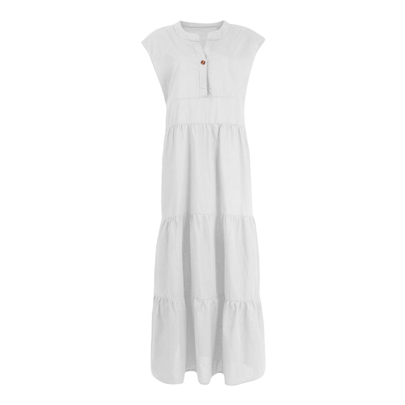 Women's V-Neck Button Sleeveless Tiered Long Dress