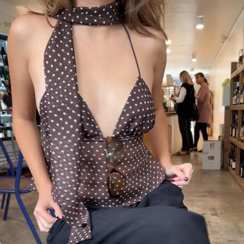 Sexy chiffon halterneck vest with V-neckline