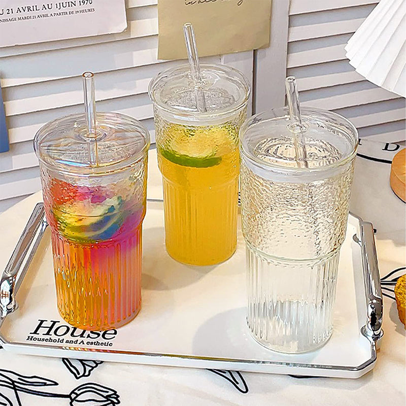 Glass Tumblers Set With Lids and Glass Straws