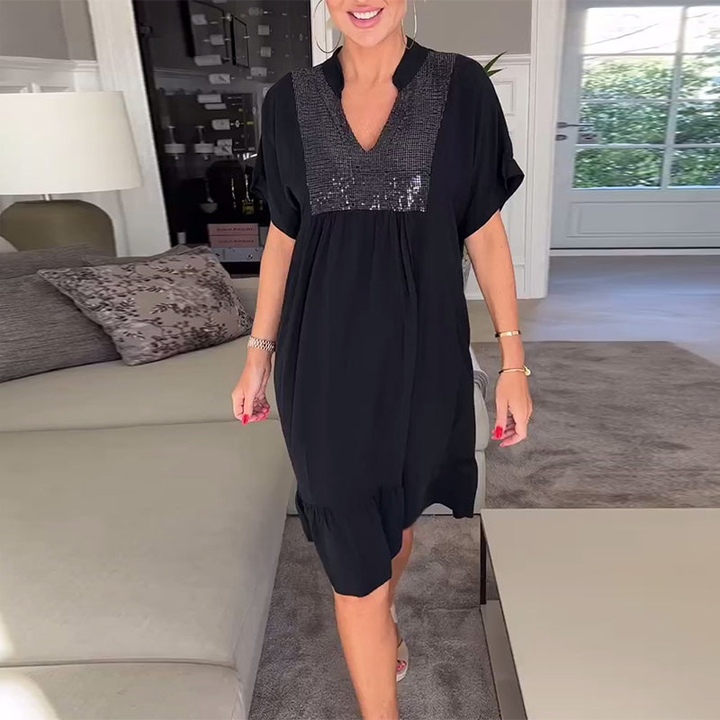 V-neck Loose Pleated Dress