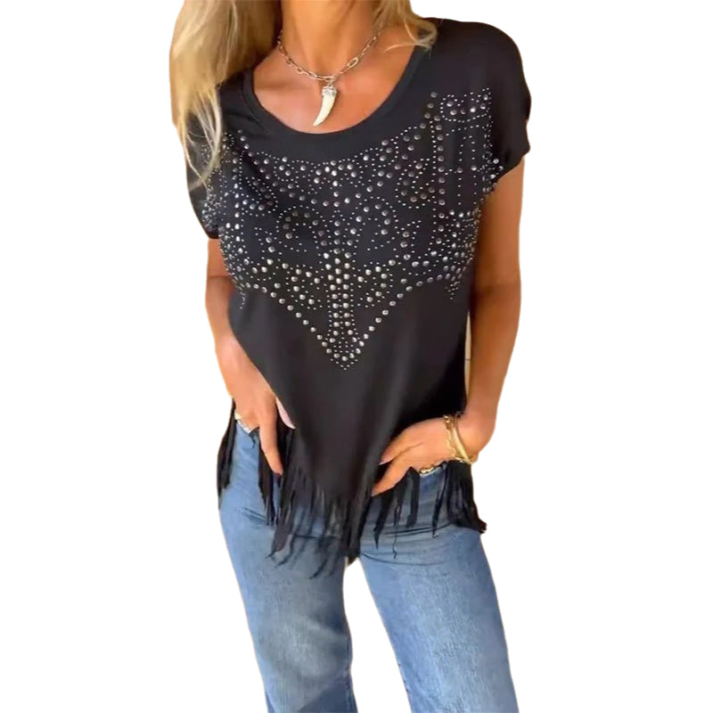 Women's solid colour short sleeve T-shirt with hot print and frayed hem