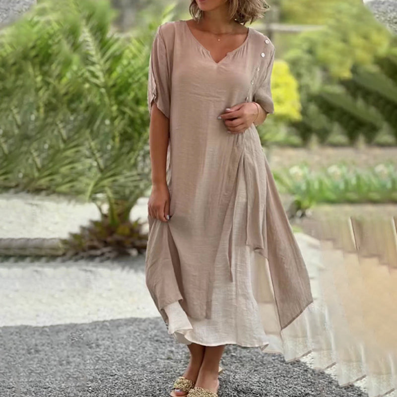 Asymmetrical Dress with Short Sleeves and V-neck