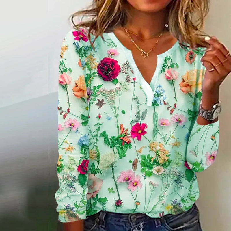 Printed V-neck Long Sleeve Top