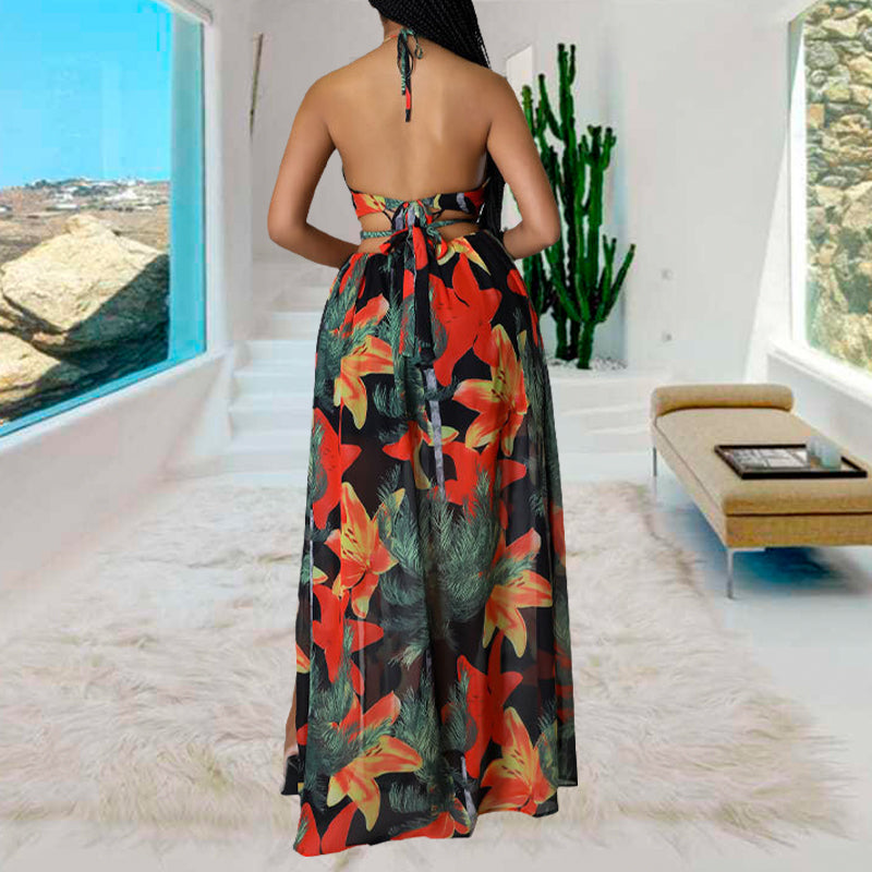 Women's Floral Print Chain Decor Split Thigh Dress