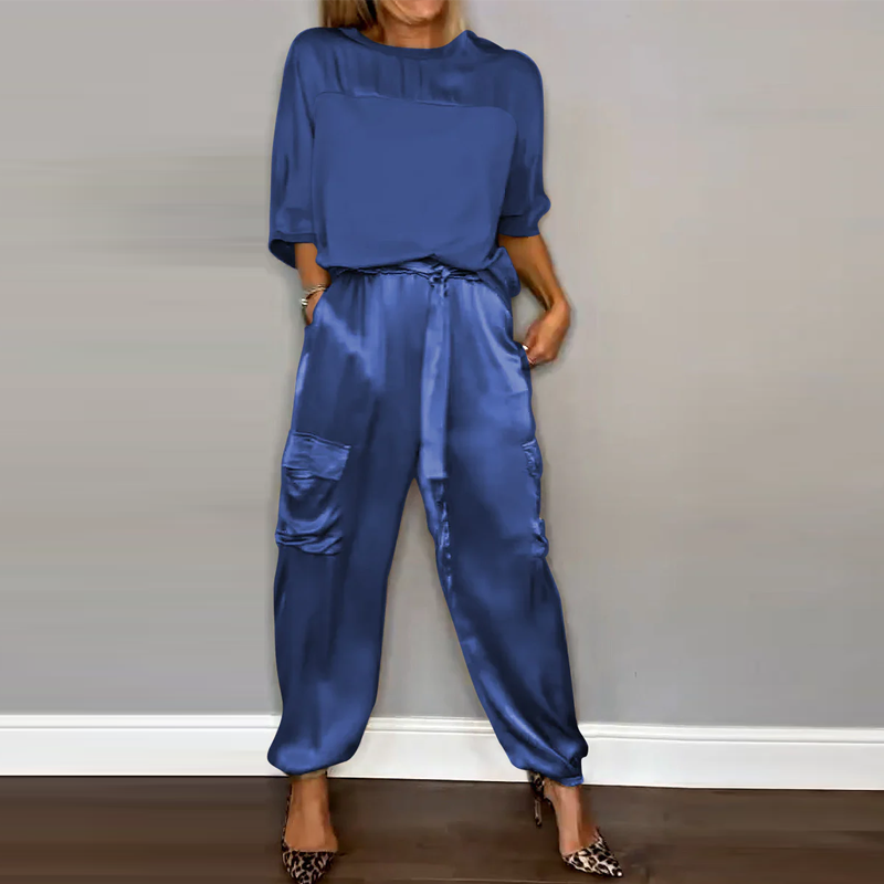Women's Smooth Satin Half-sleeved Top and Pant Suit