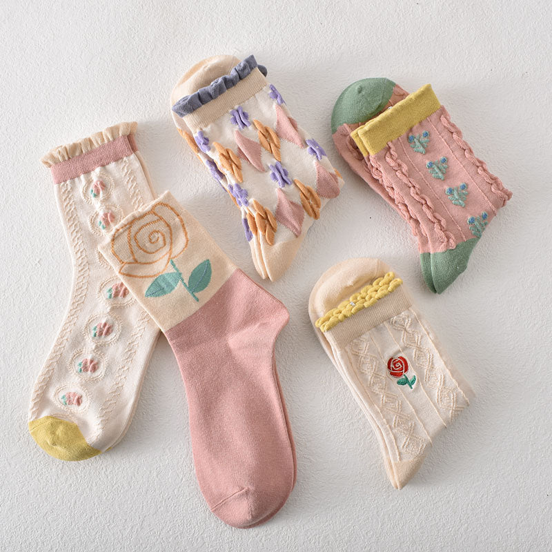 Women's Pink Floral Cotton Socks(5 pairs)