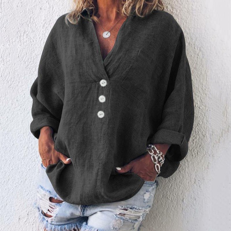 V-neck imitation cotton linen long-sleeved shirt