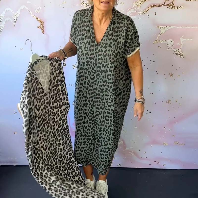 V-neck Short Sleeve Leopard Print Dress