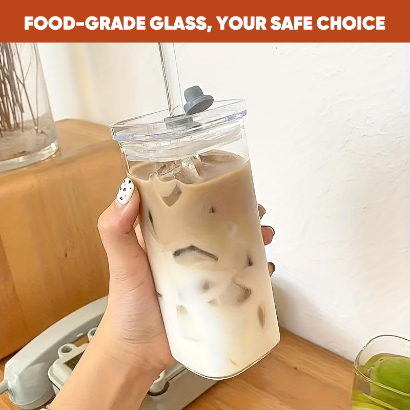 Stylish Square Glass Drink Cup with Lid and Straw