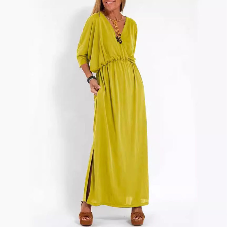 Women's Casual Solid Color V Neck Slit Dress