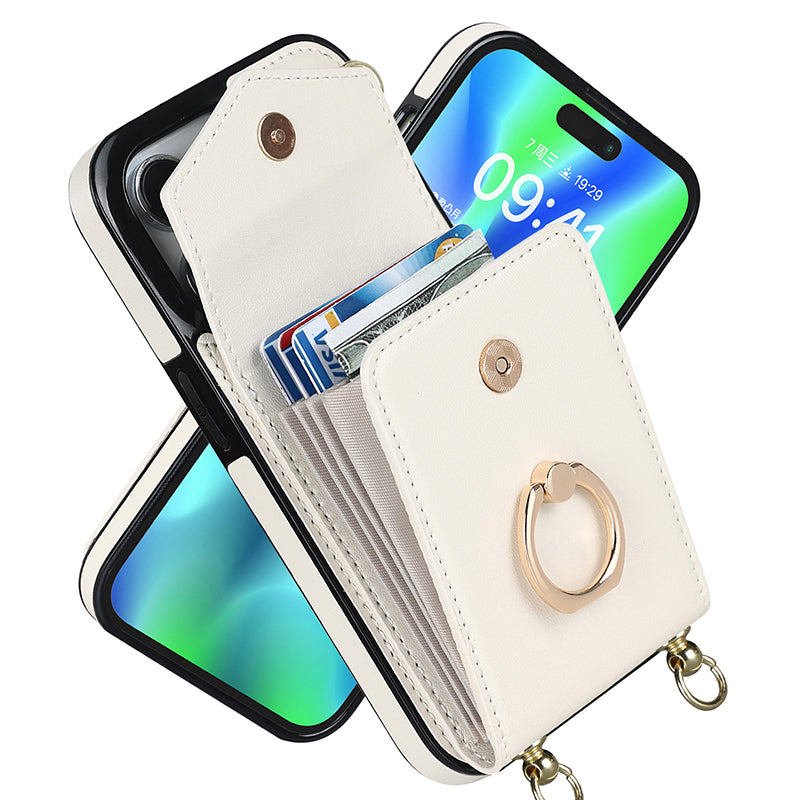 Leather Wallet Case with Ring & Lanyard For iPhone