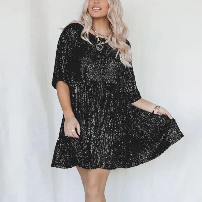 Sequined Round Neck Loose Waist Dress