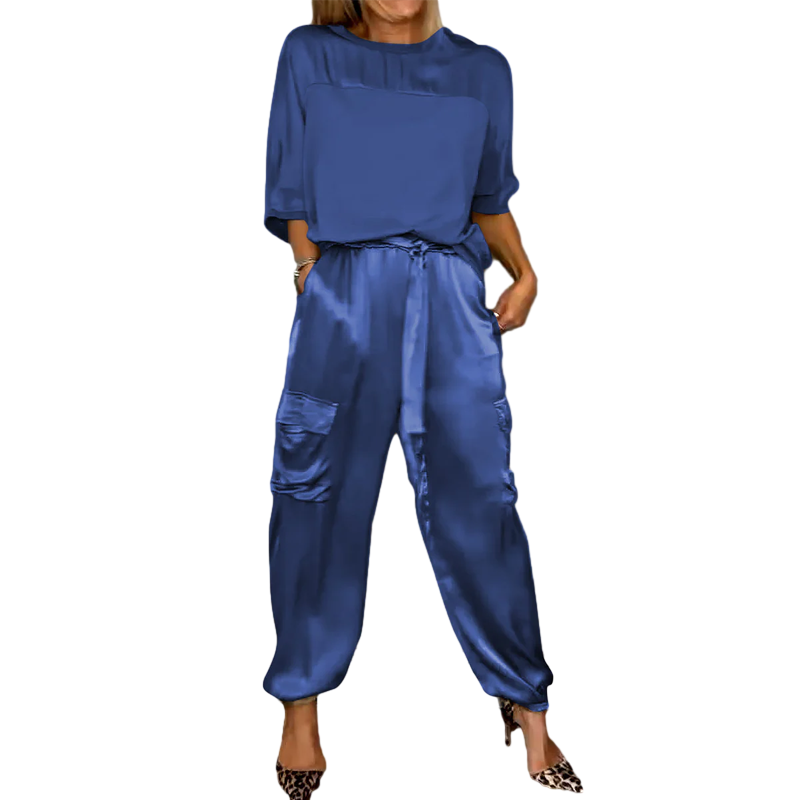 Women's Smooth Satin Half-sleeved Top and Pant Suit