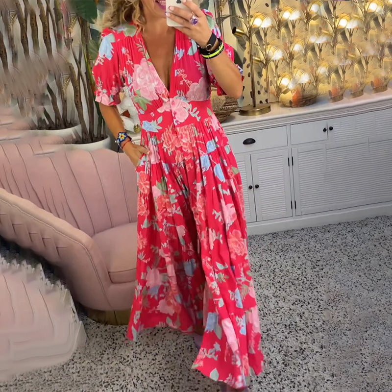 Floral Pattern Pocket Dress with V-neckline