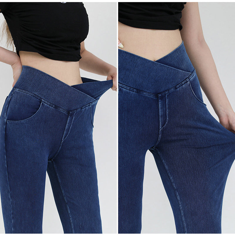 Stretchy Denim High Waisted Crossover Flare Pants