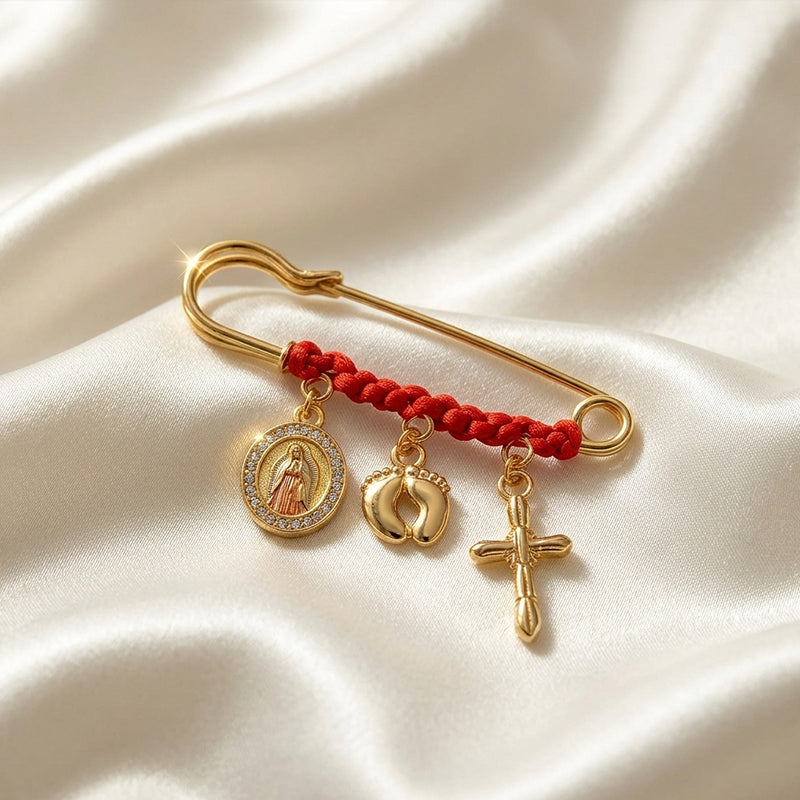 Red Cord and Diamond-Accented Brooch