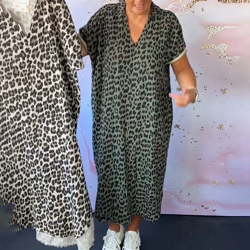 V-neck Short Sleeve Leopard Print Dress