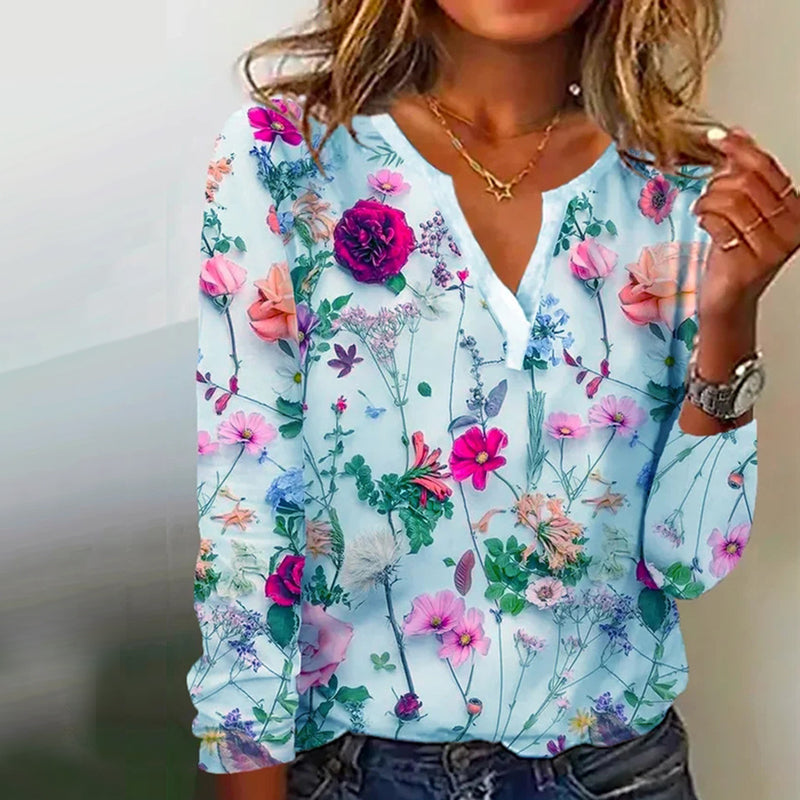 Printed V-neck Long Sleeve Top