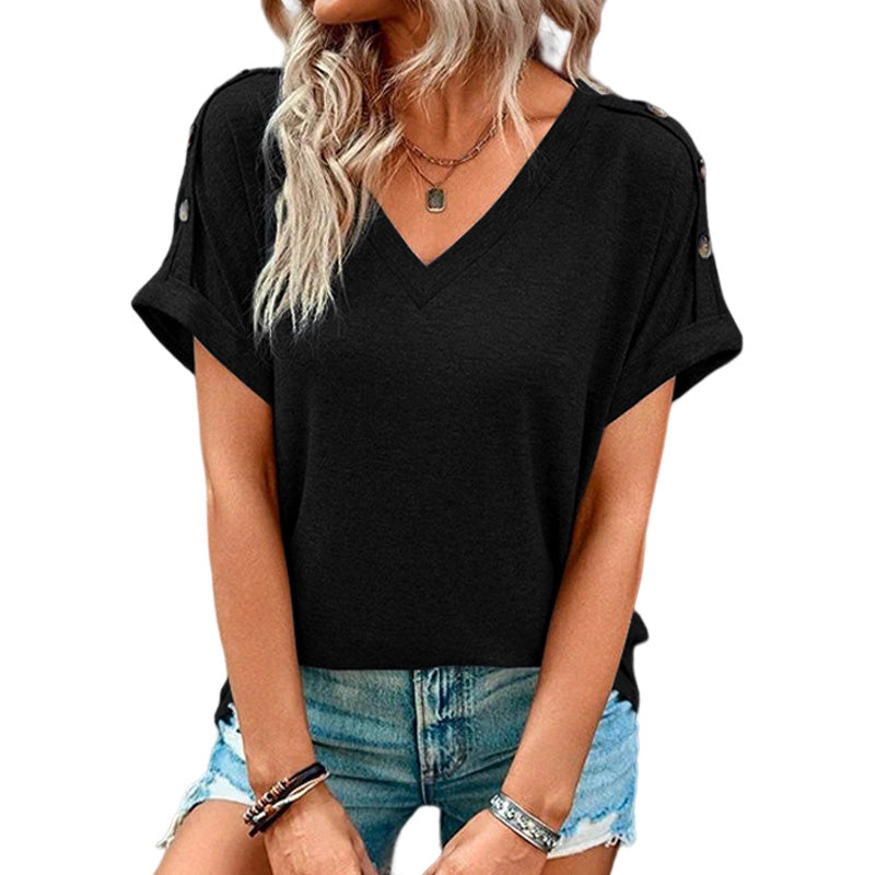 Plain Button V-Neck T-Shirt