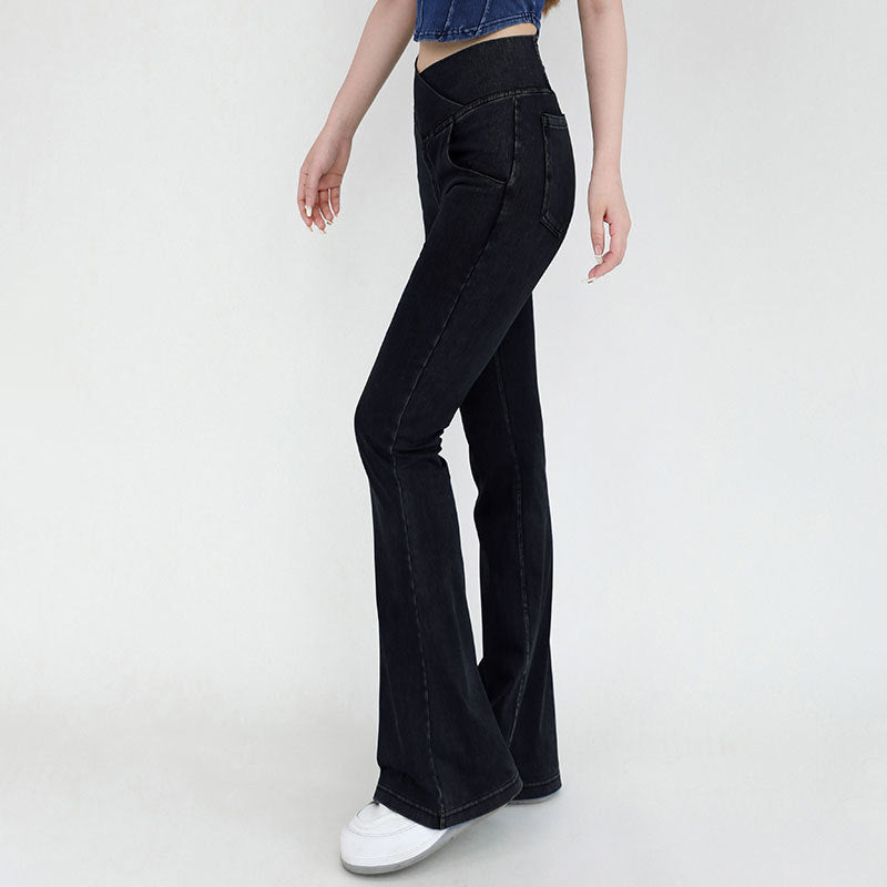 Stretchy Denim High Waisted Crossover Flare Pants