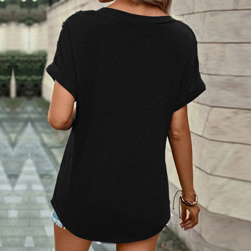 Plain Button V-Neck T-Shirt
