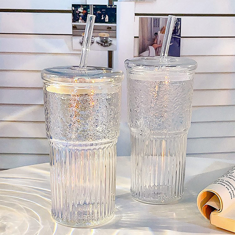 Glass Tumblers Set With Lids and Glass Straws