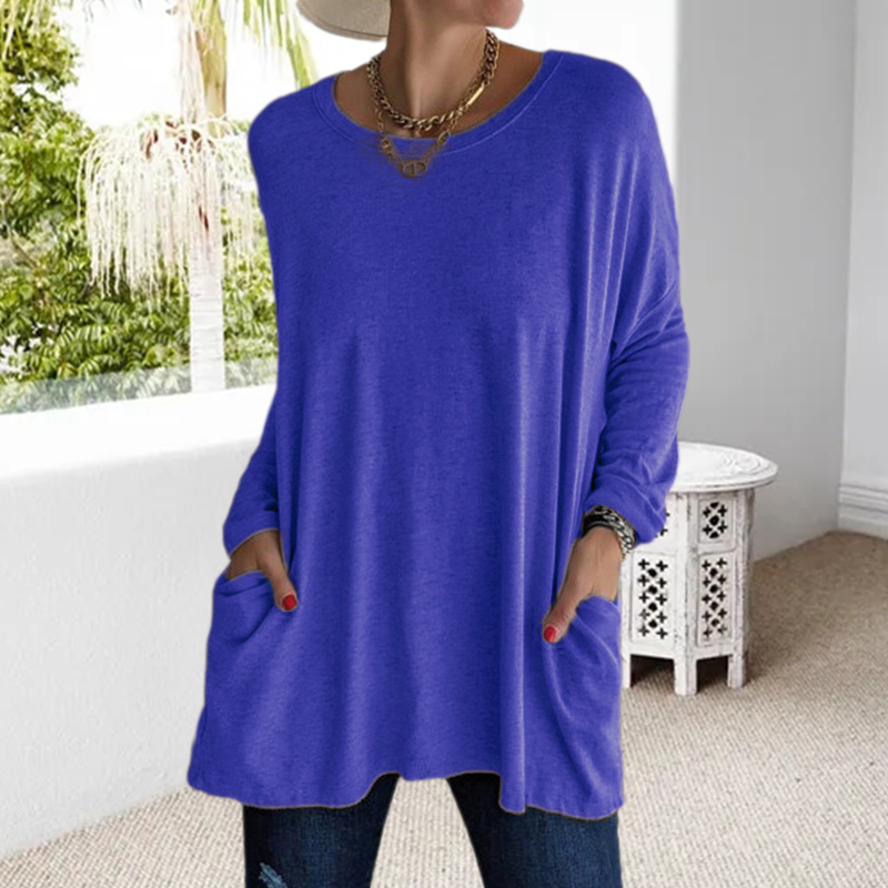 Round Neck Long Sleeve Pocket Solid T-Shirt