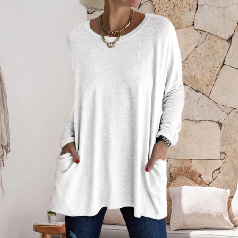 Round Neck Long Sleeve Pocket Solid T-Shirt
