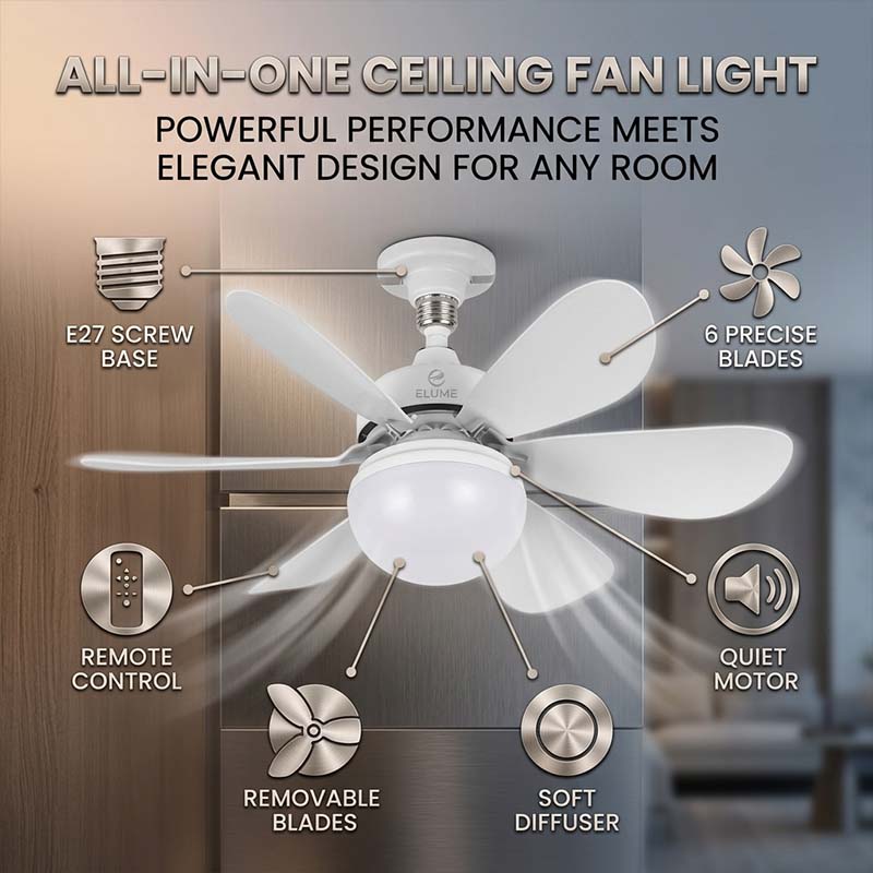 Six-blade gourd-shaped off-white ceiling fan light