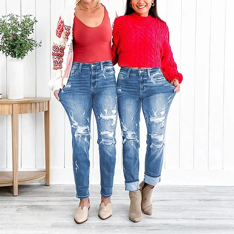 Torn Hole Mid-Waist Calf Pants