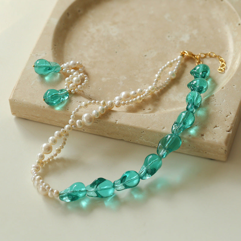 Hand-woven Blue Glaze Baroque Pearl Necklace and Earrings Set