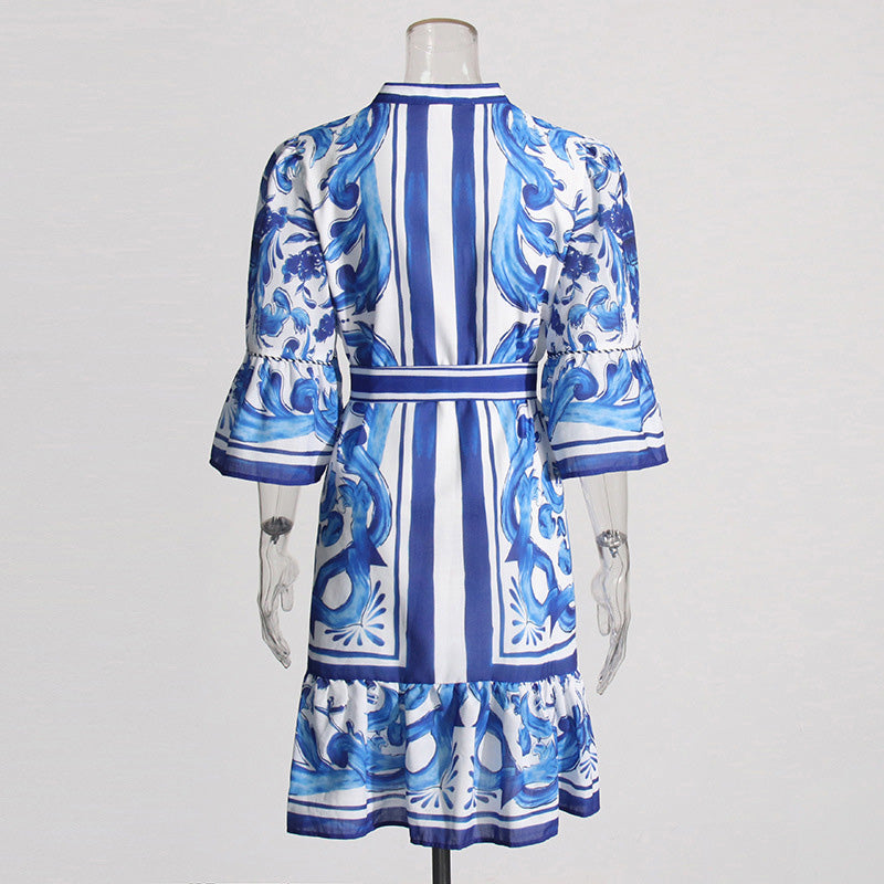 Flared Sleeve Blue Printed Short Dress