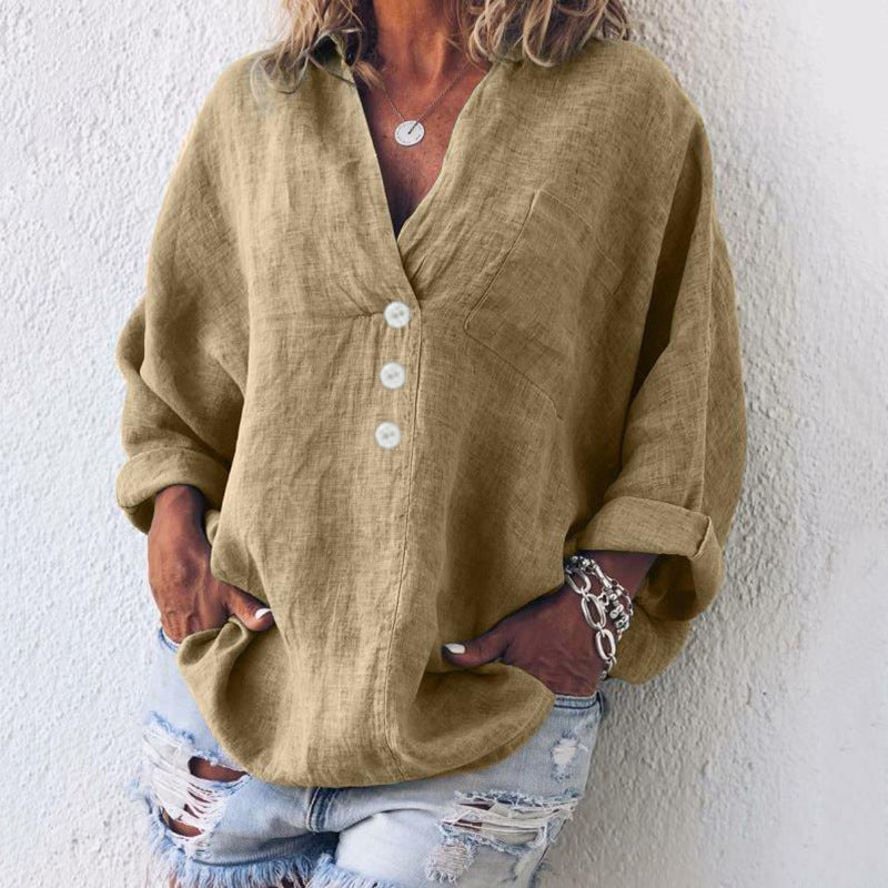 V-neck imitation cotton linen long-sleeved shirt