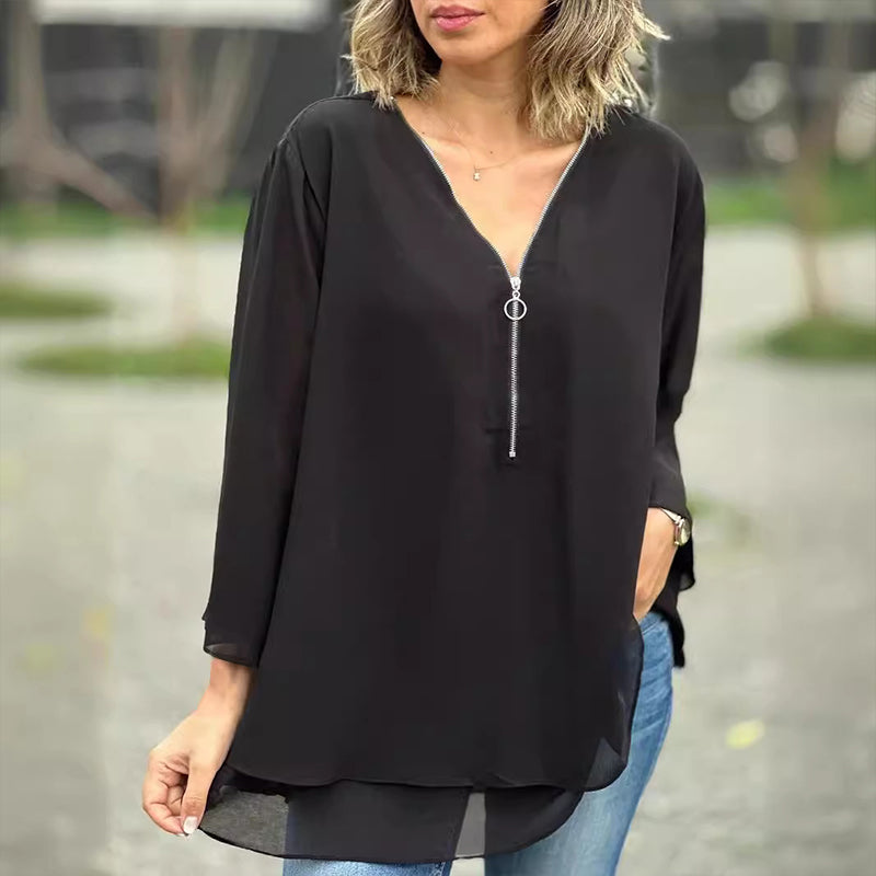 Chiffon Zipper V-neck Top