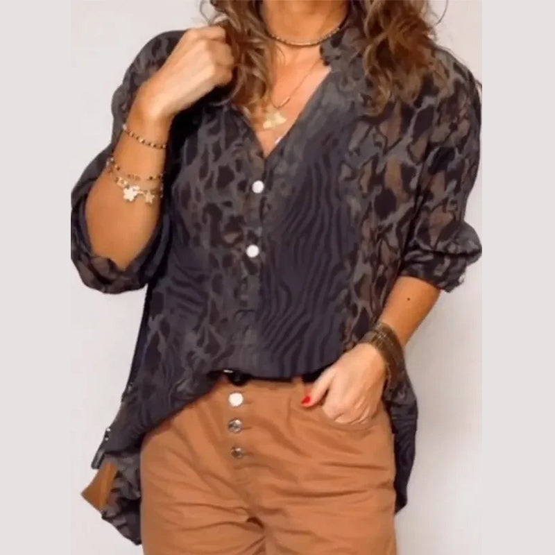 Women's V-neck Leopard Print Mid-sleeve Casual Top