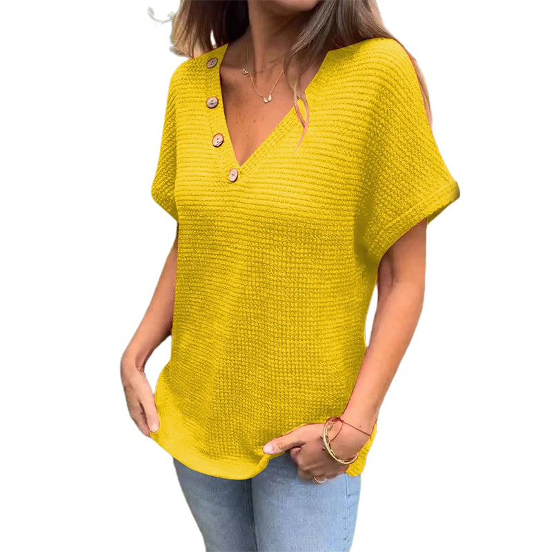 Waffle Grid Summer Short Sleeve V-Neck T-Shirt