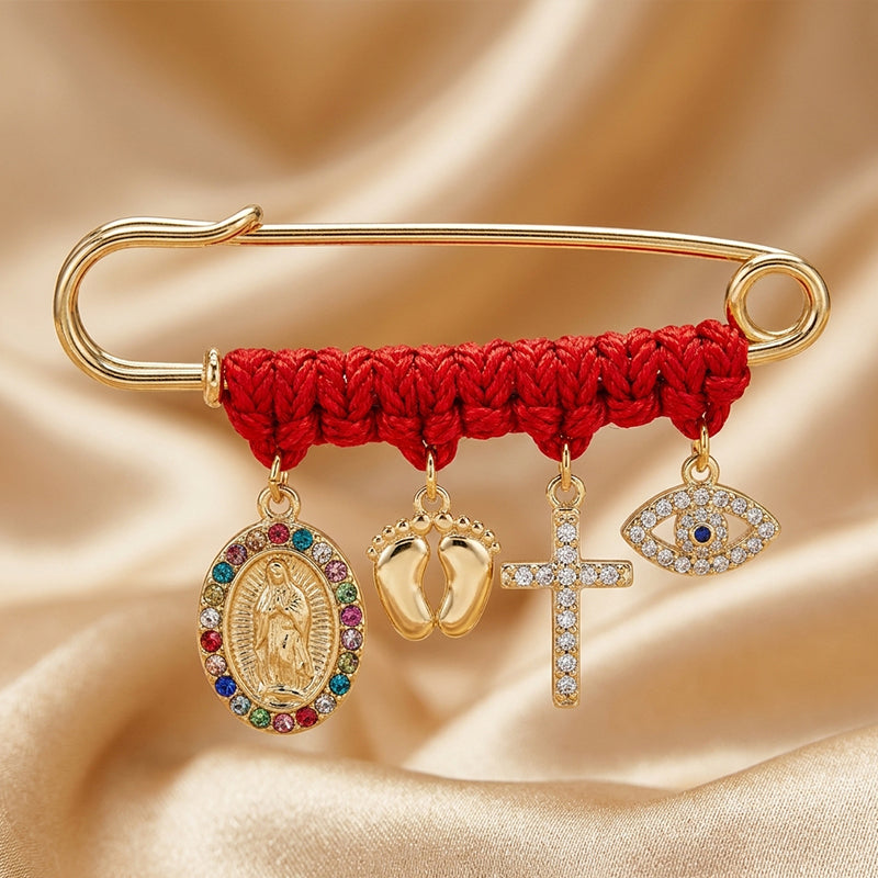Red Cord and Diamond-Accented Brooch