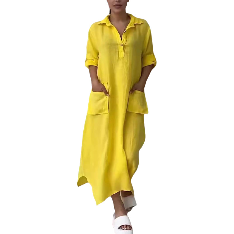 Women's Cotton Linen Casual Lapel Pockets Long Dress