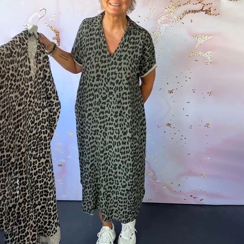 V-neck Short Sleeve Leopard Print Dress
