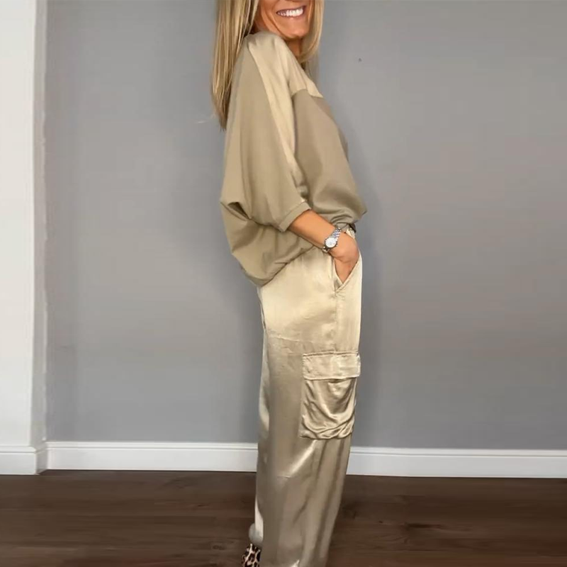 Women's Smooth Satin Half-sleeved Top and Pant Suit