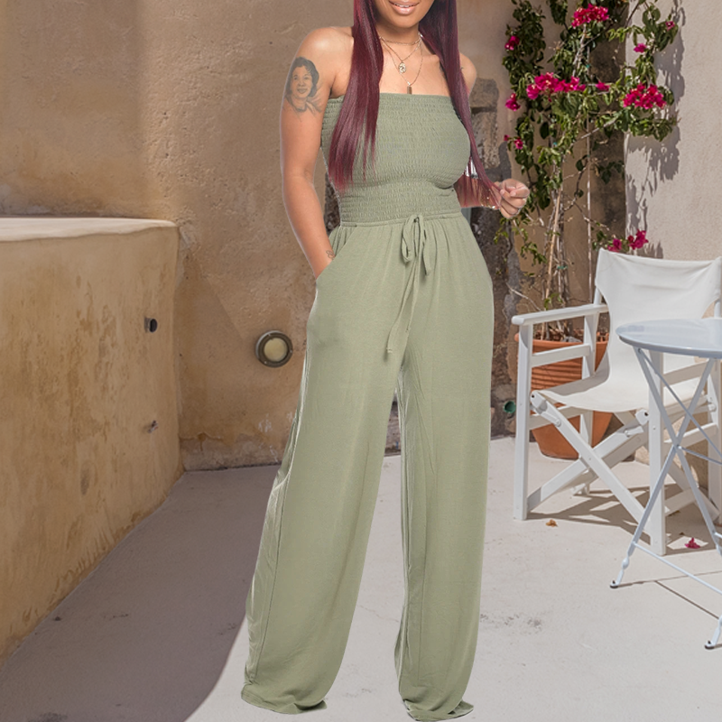 Asymmetric Solid Color Smocked Jumpsuit