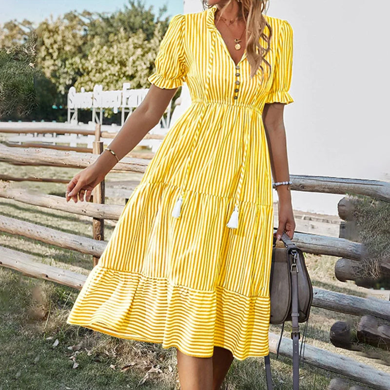 V-neck Dress with A Striped Print