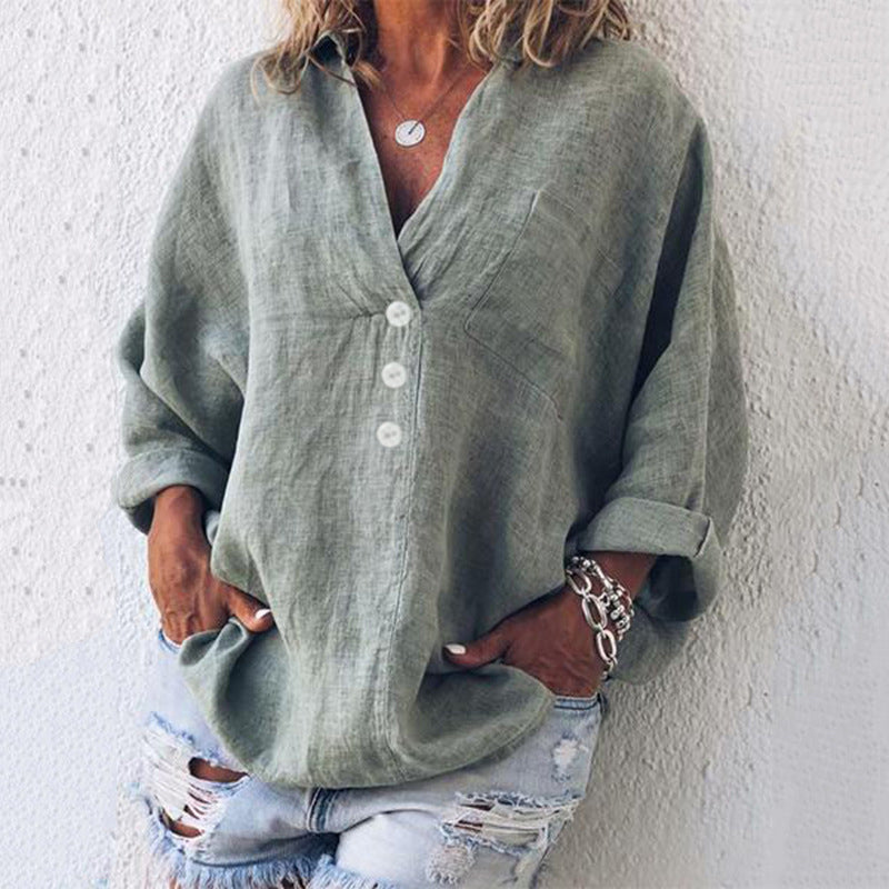 V-neck imitation cotton linen long-sleeved shirt