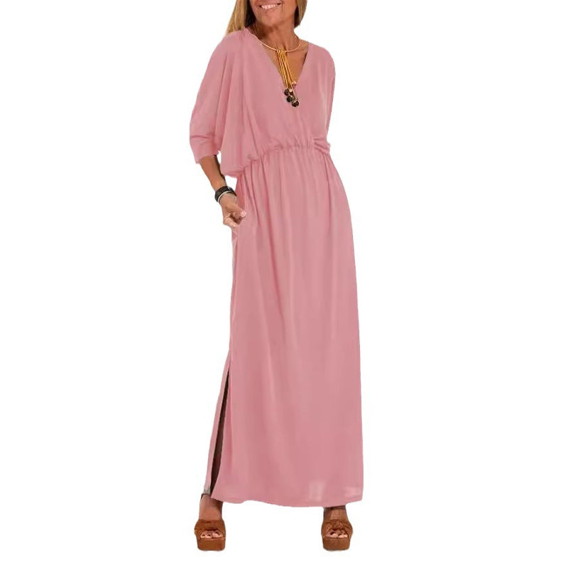 Women's Casual Solid Color V Neck Slit Dress