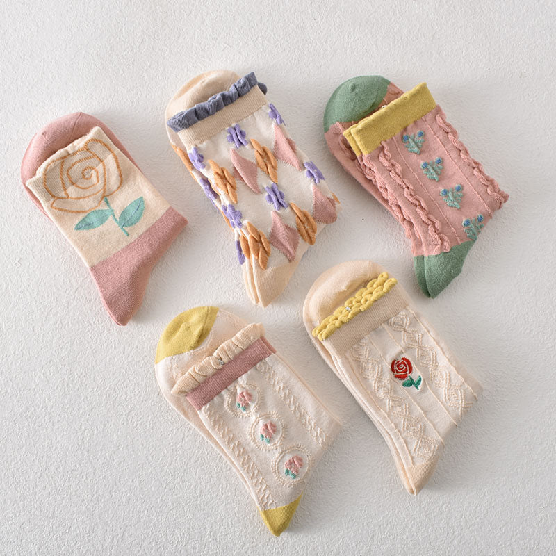 Women's Pink Floral Cotton Socks(5 pairs)
