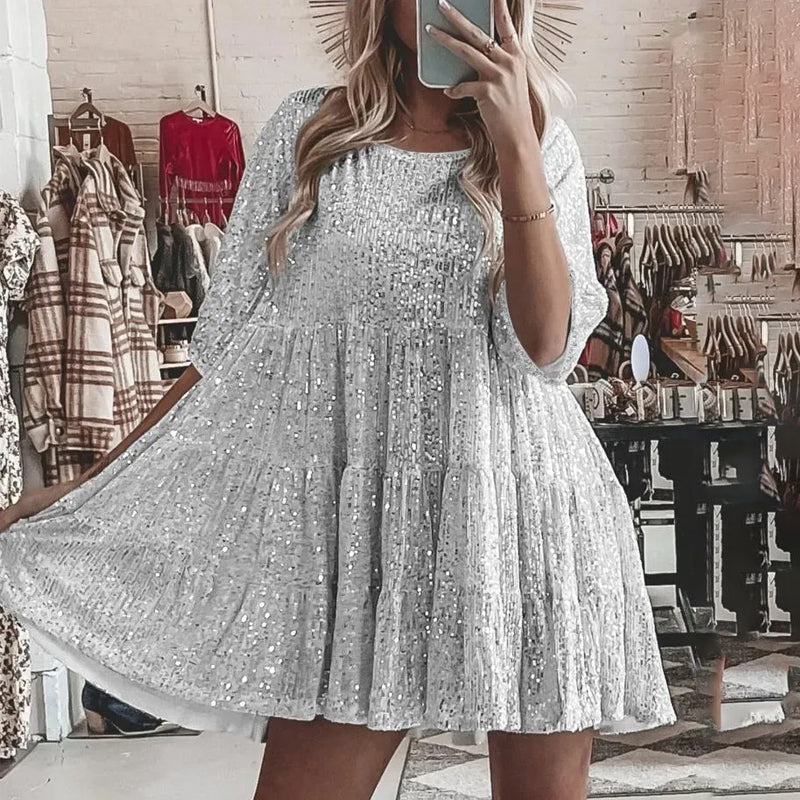 Sequined Round Neck Loose Waist Dress