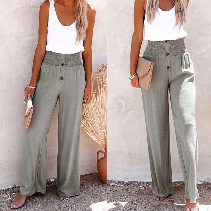 Breezy Linen Blend High-Waist Smocked Trousers